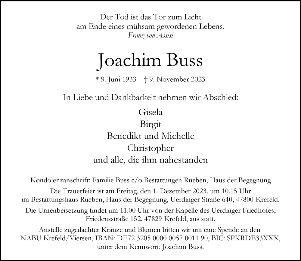  Traueranzeige für Joachim Buss vom 19.11.2023 aus trauer.extra-tipp-moenchengladbach.de