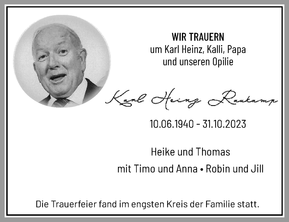  Traueranzeige für Karl Heinz Raukamp vom 19.11.2023 aus trauer.extra-tipp-moenchengladbach.de