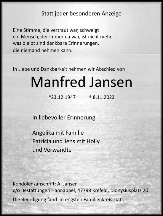 Traueranzeige von Manfred Jansen von trauer.extra-tipp-moenchengladbach.de