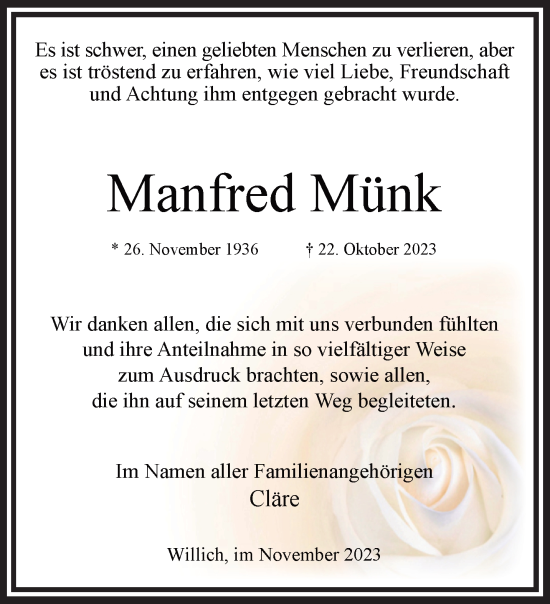 Traueranzeige von Manfred Münk von trauer.extra-tipp-moenchengladbach.de