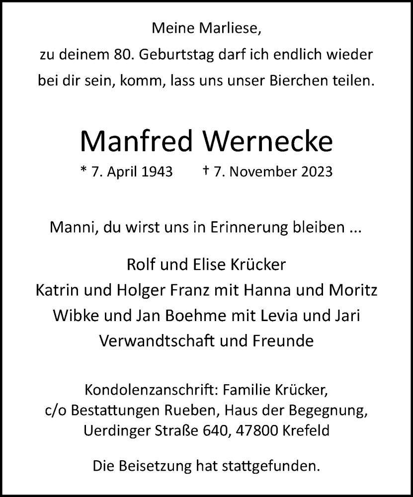  Traueranzeige für Manfred Wernecke vom 19.11.2023 aus trauer.extra-tipp-moenchengladbach.de