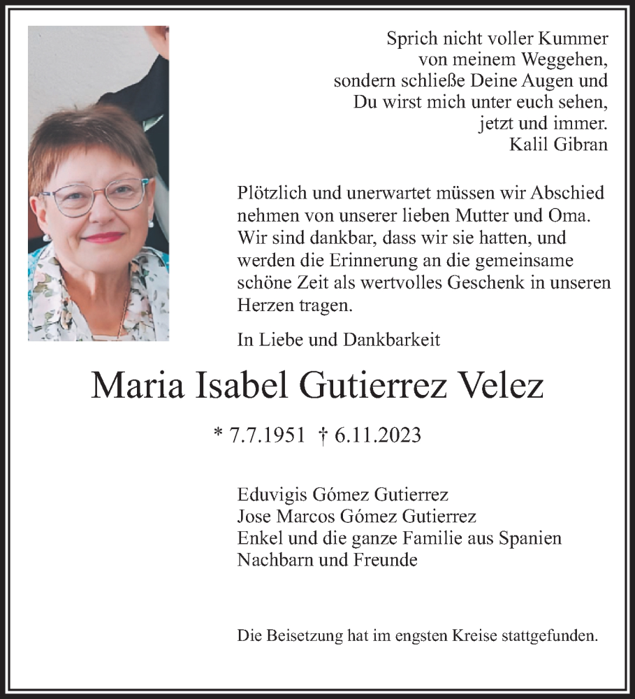  Traueranzeige für Maria Isabel Gutierrez Velez vom 19.11.2023 aus trauer.extra-tipp-moenchengladbach.de