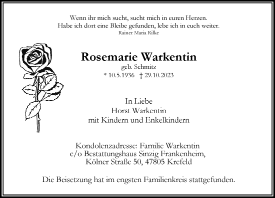 Traueranzeige von Rosemarie Warkentin von trauer.extra-tipp-moenchengladbach.de