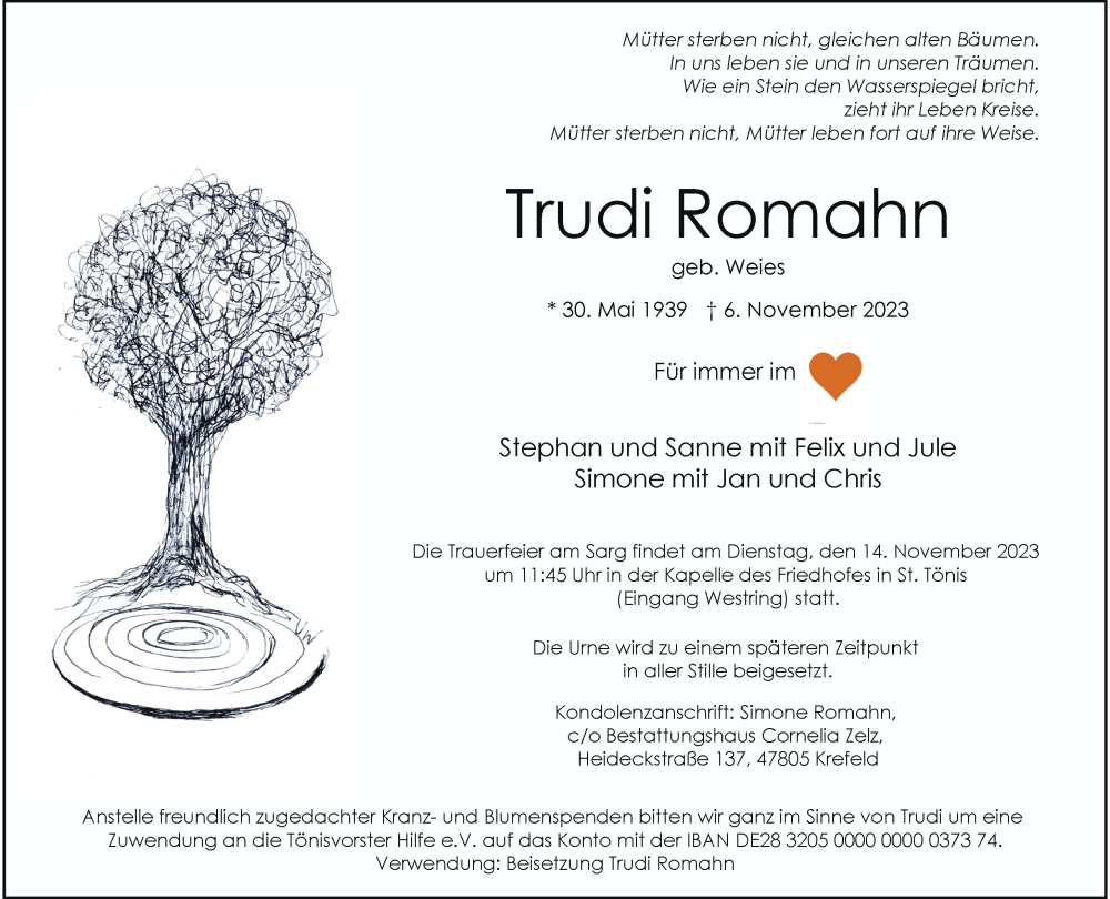 Traueranzeige für Trudi Romahn vom 12.11.2023 aus trauer.extra-tipp-moenchengladbach.de
