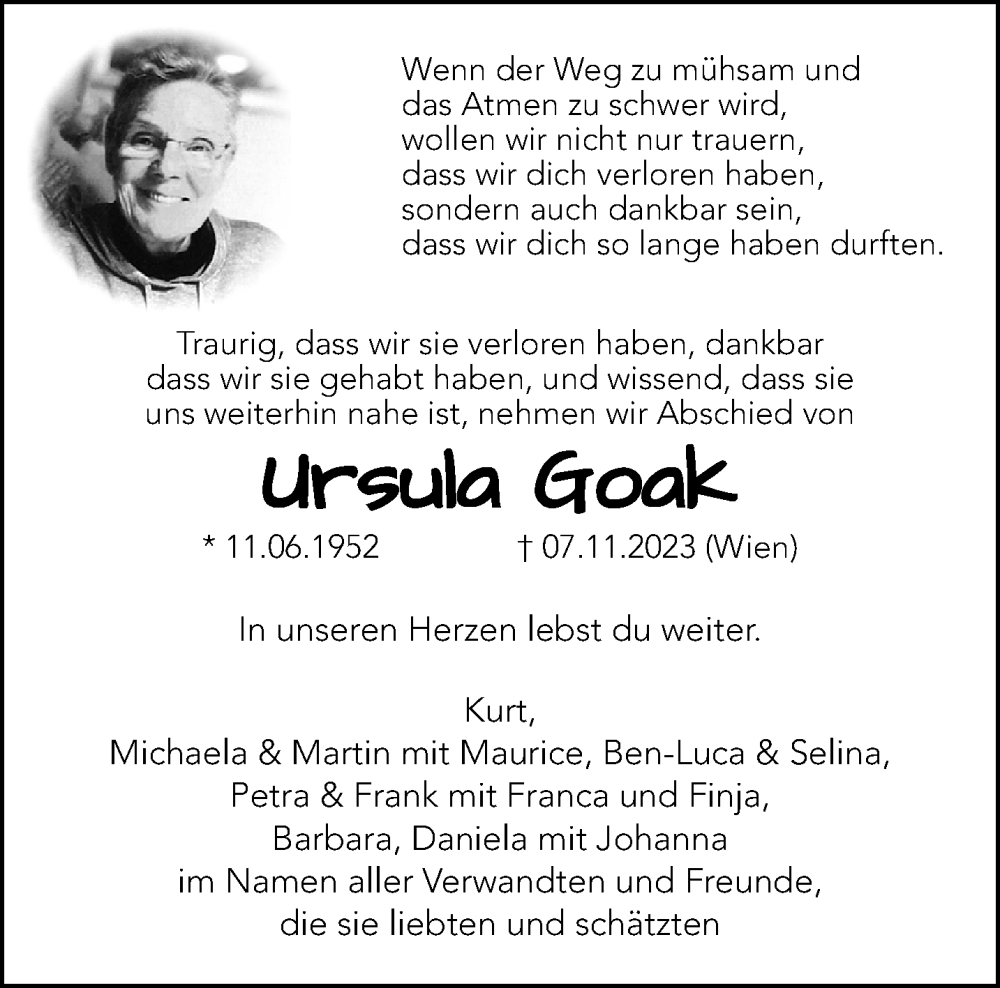  Traueranzeige für Ursula Goak vom 19.11.2023 aus trauer.extra-tipp-moenchengladbach.de