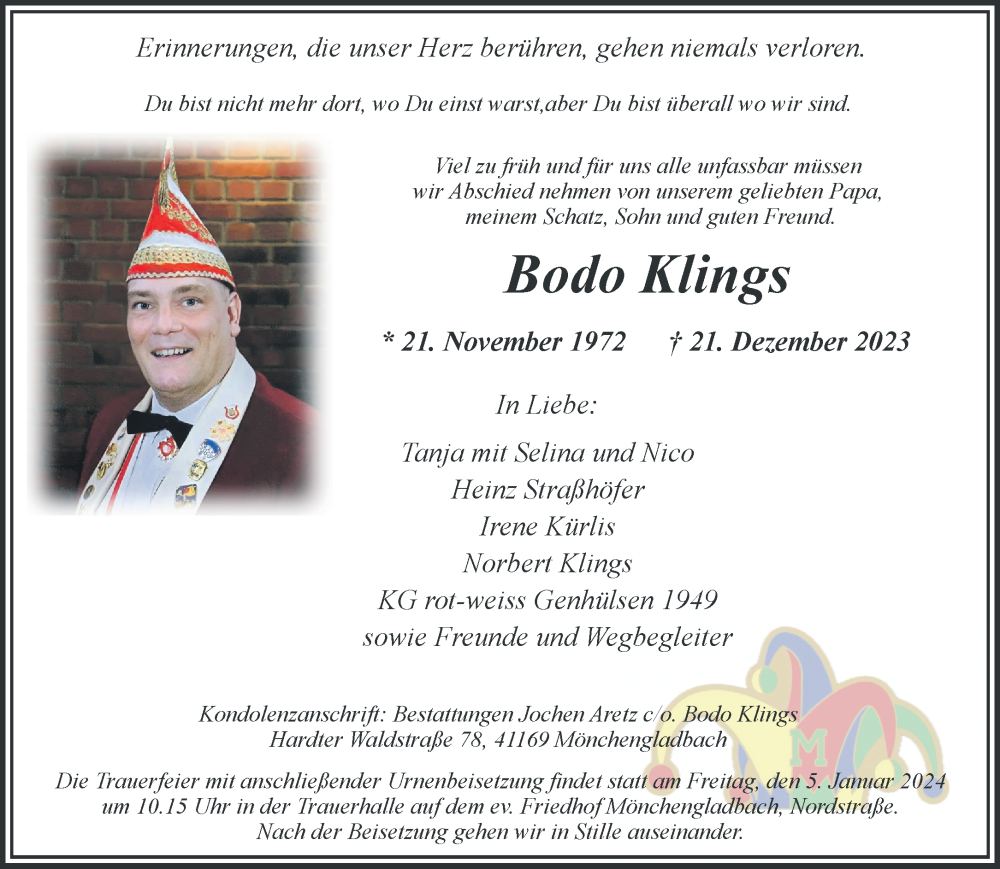  Traueranzeige für Bodo Klings vom 31.12.2023 aus trauer.extra-tipp-moenchengladbach.de