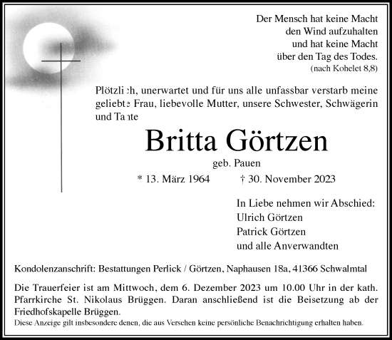 Traueranzeige von Britta Görtzen von trauer.extra-tipp-moenchengladbach.de