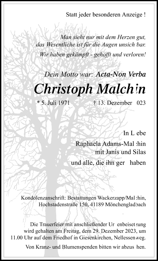  Traueranzeige für Christoph Malchin vom 24.12.2023 aus trauer.extra-tipp-moenchengladbach.de