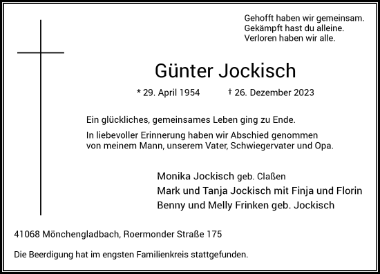 Traueranzeige von Günter Jockisch von trauer.extra-tipp-moenchengladbach.de