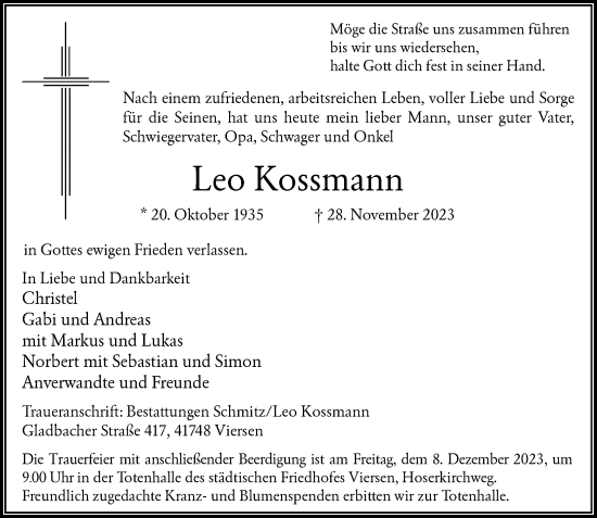 Traueranzeige von Leo Kossmann von trauer.extra-tipp-moenchengladbach.de