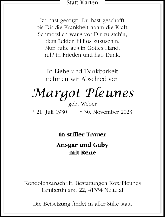Traueranzeige von Margot Pleunes von trauer.extra-tipp-moenchengladbach.de