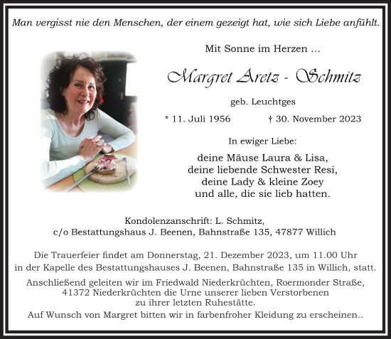 Traueranzeige von Margret Aretz-Schmitz von trauer.extra-tipp-moenchengladbach.de