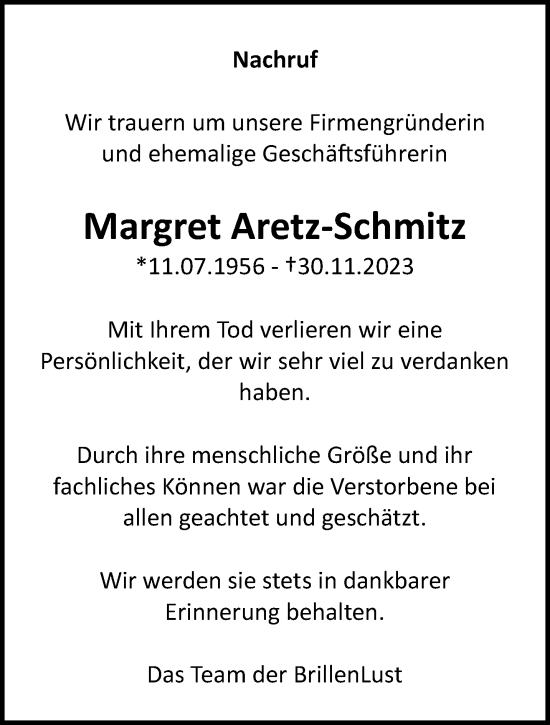 Traueranzeige von Margret Aretz-Schmitz von trauer.extra-tipp-moenchengladbach.de