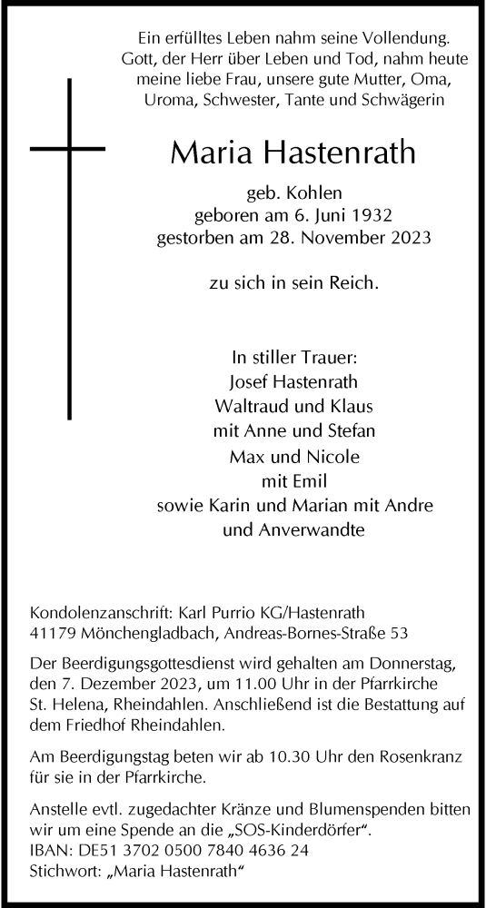 Traueranzeige für Maria Hastenrath vom 03.12.2023 aus trauer.extra-tipp-moenchengladbach.de