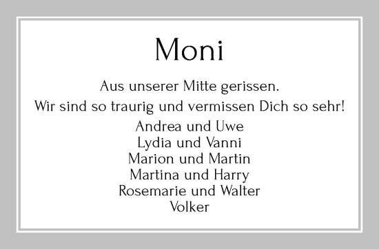 Traueranzeige von Moni  von trauer.extra-tipp-moenchengladbach.de
