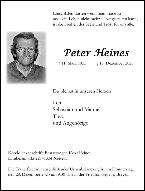 Traueranzeige von Peter Heines von trauer.extra-tipp-moenchengladbach.de