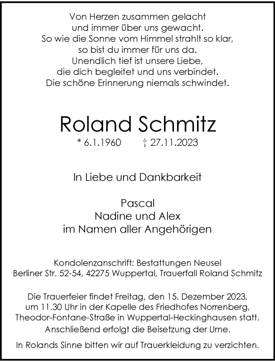 Traueranzeige von Roland Schmitz von trauer.wuppertaler-rundschau.de