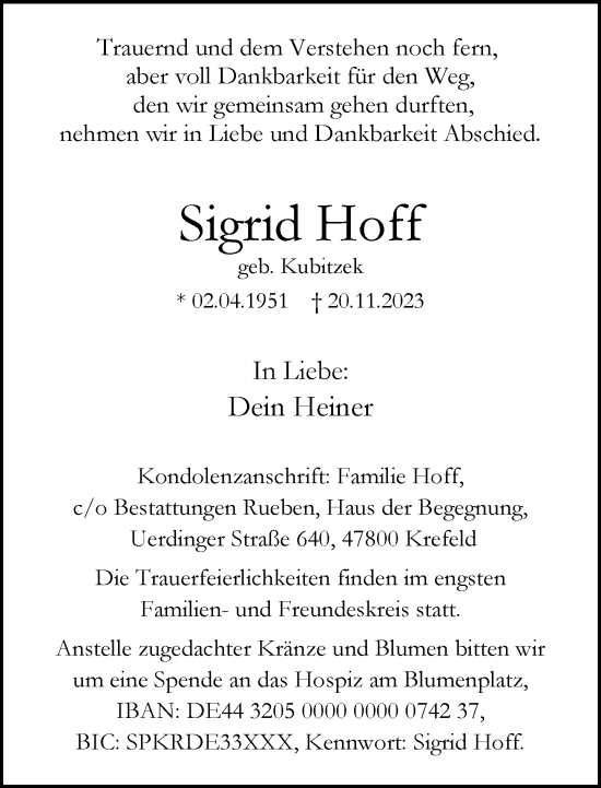 Traueranzeige von Sigrid Hoff von trauer.extra-tipp-moenchengladbach.de