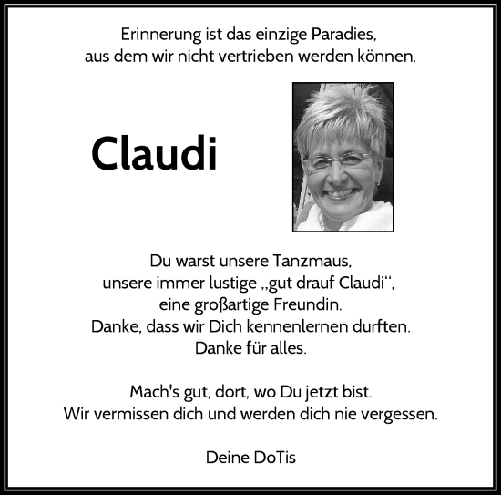 Traueranzeige von Claudi  von trauer.wuppertaler-rundschau.de