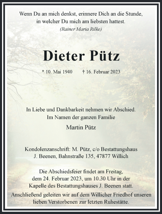 Traueranzeige von Dieter Pütz von trauer.extra-tipp-moenchengladbach.de