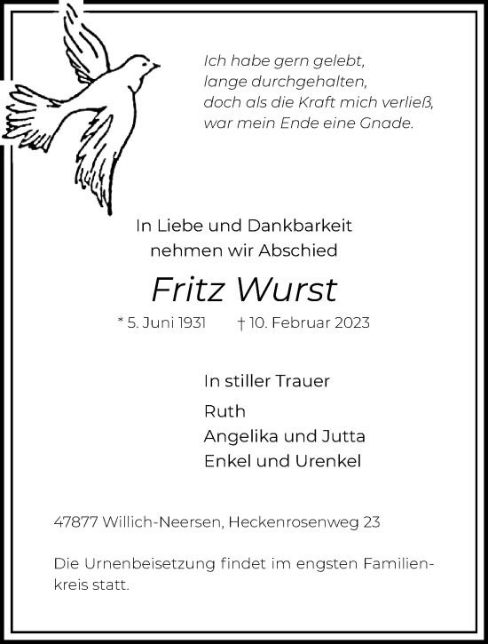 Traueranzeige von Fritz Wurst von trauer.extra-tipp-moenchengladbach.de