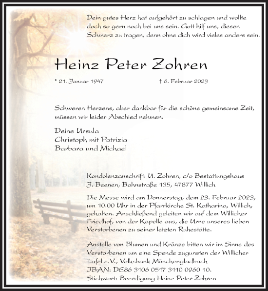 Traueranzeige von Heinz Peter Zohren von trauer.extra-tipp-moenchengladbach.de