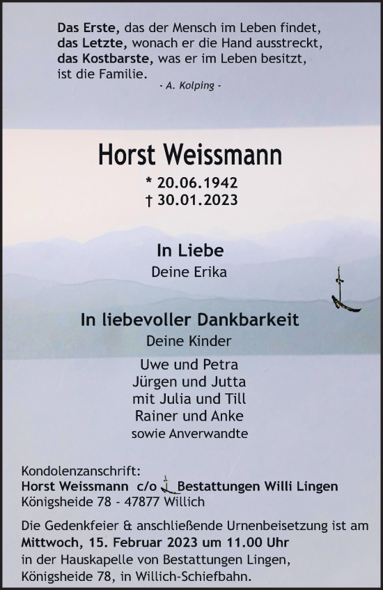 Traueranzeige von Horst Weissmann von trauer.extra-tipp-moenchengladbach.de