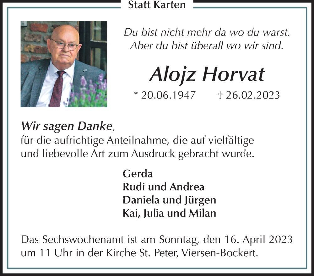  Traueranzeige für Alojz Horvat vom 02.04.2023 aus trauer.extra-tipp-moenchengladbach.de