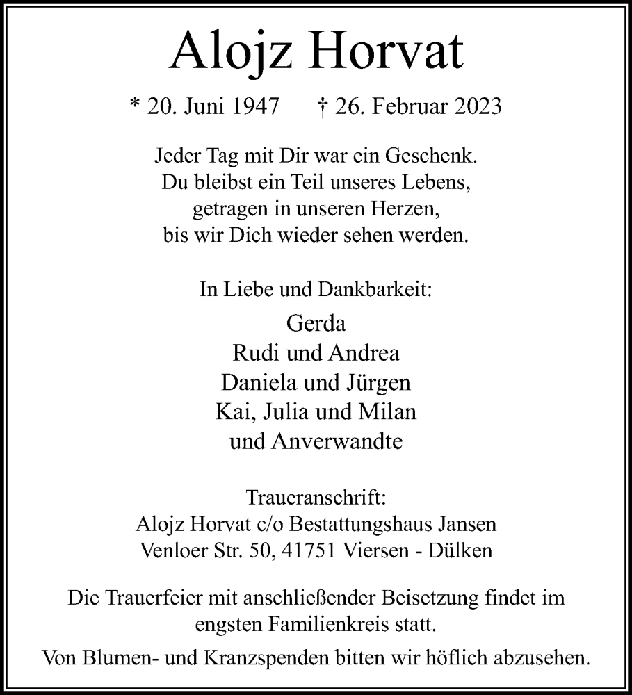  Traueranzeige für Alojz Horvat vom 05.03.2023 aus trauer.extra-tipp-moenchengladbach.de