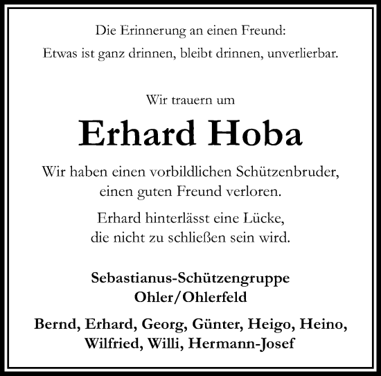 Traueranzeige von Erhard Hoba von trauer.extra-tipp-moenchengladbach.de