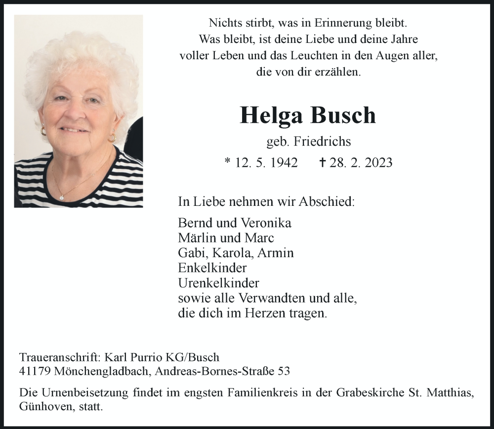  Traueranzeige für Helga Busch vom 12.03.2023 aus trauer.extra-tipp-moenchengladbach.de