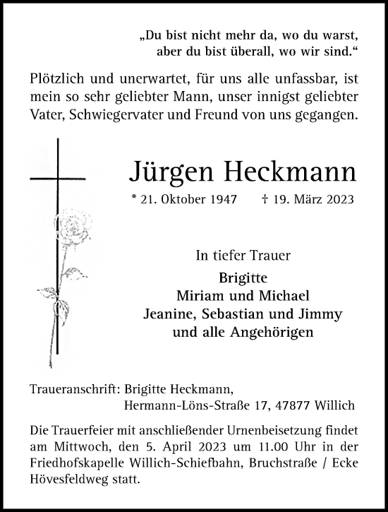 Traueranzeige von Jürgen Heckmann von trauer.extra-tipp-moenchengladbach.de