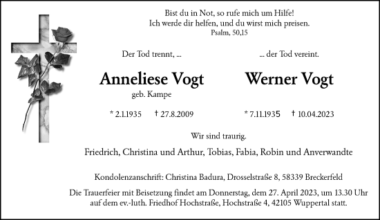 Traueranzeige von Anneliese und Werner Vogt von trauer.wuppertaler-rundschau.de