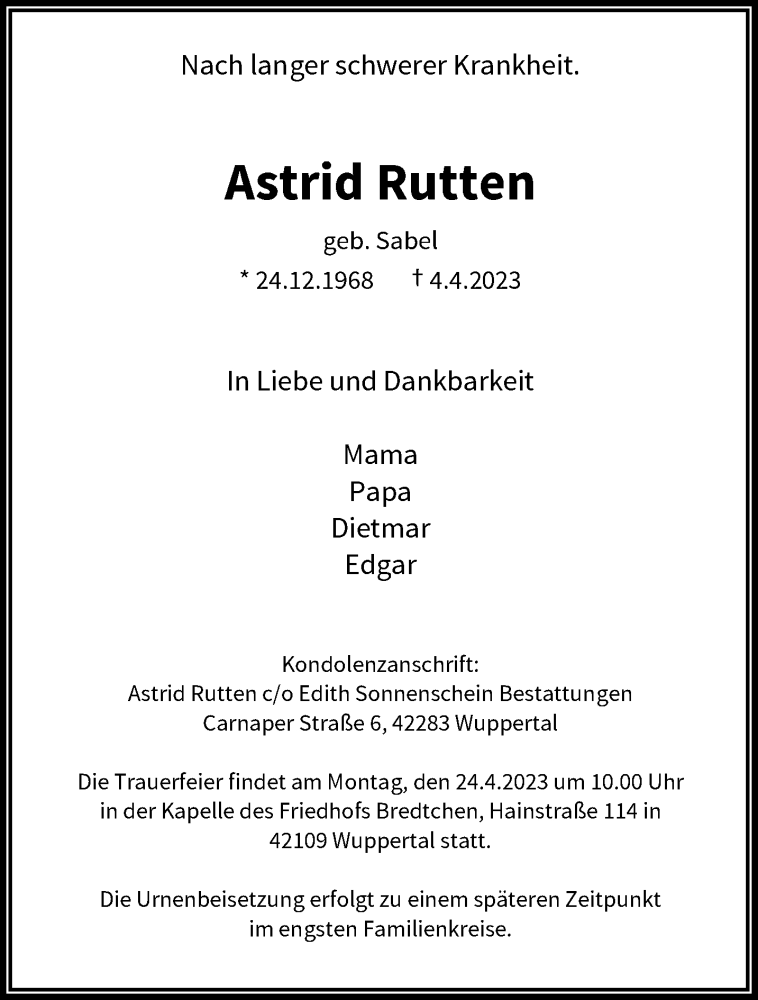  Traueranzeige für Astrid Rutten vom 15.04.2023 aus trauer.wuppertaler-rundschau.de