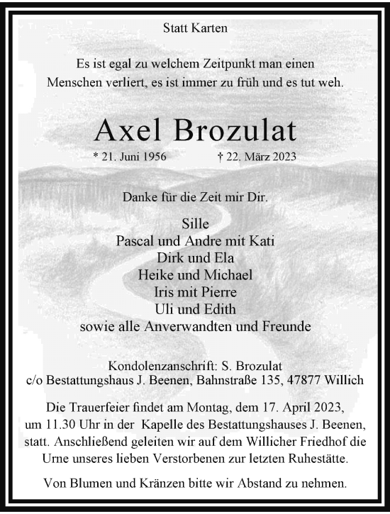 Traueranzeige von Axel Brozulat von trauer.extra-tipp-moenchengladbach.de