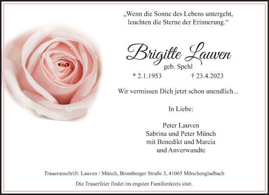 Traueranzeige von Brigitte Lauven von trauer.extra-tipp-moenchengladbach.de
