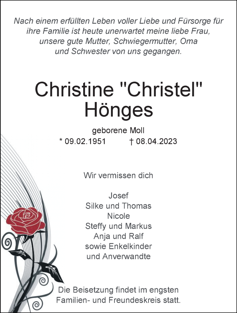 Traueranzeige für Christine Hönges vom 30.04.2023 aus trauer.extra-tipp-moenchengladbach.de