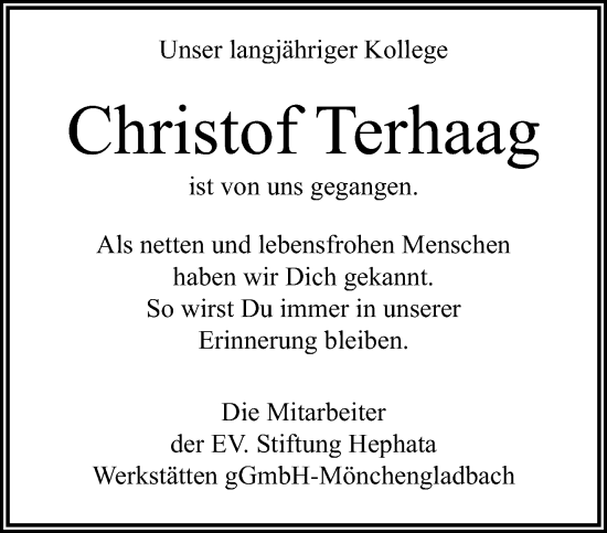 Traueranzeige von Christof Terhaag von trauer.extra-tipp-moenchengladbach.de