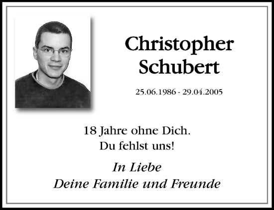 Traueranzeige von Christopher Schubert von trauer.extra-tipp-moenchengladbach.de
