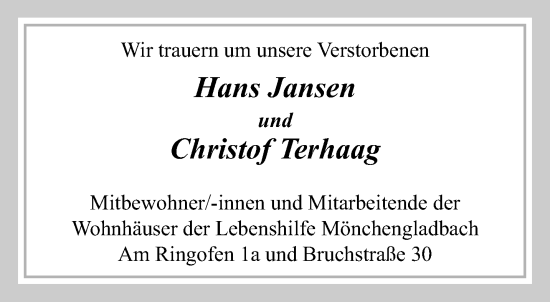 Traueranzeige von Hans und Christof  von trauer.extra-tipp-moenchengladbach.de