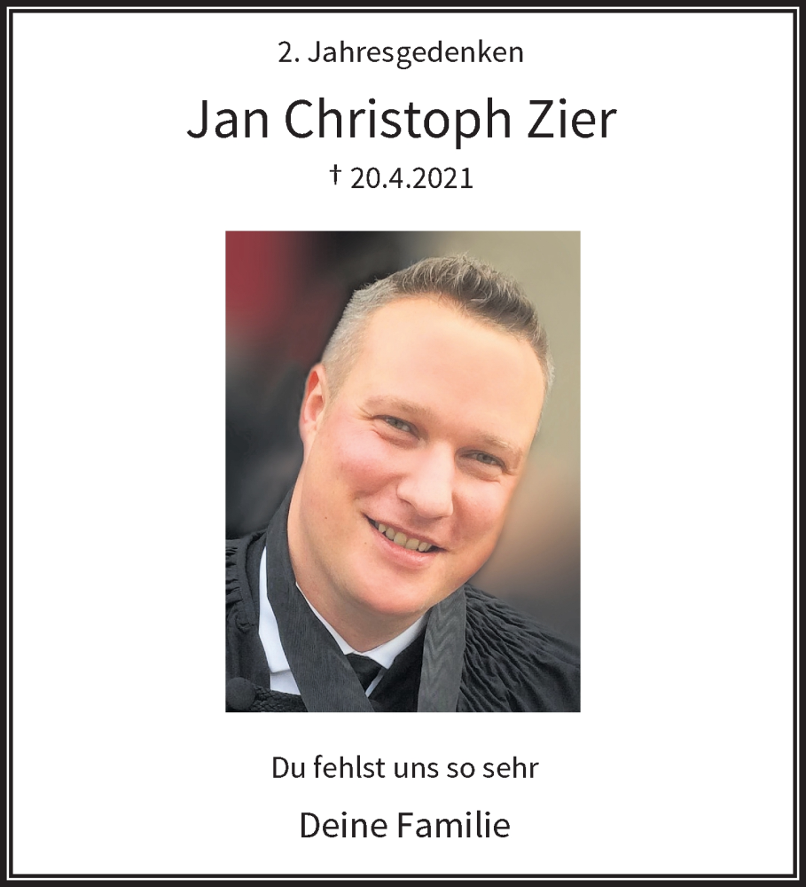  Traueranzeige für Jan Christoph Zier vom 22.04.2023 aus trauer.wuppertaler-rundschau.de