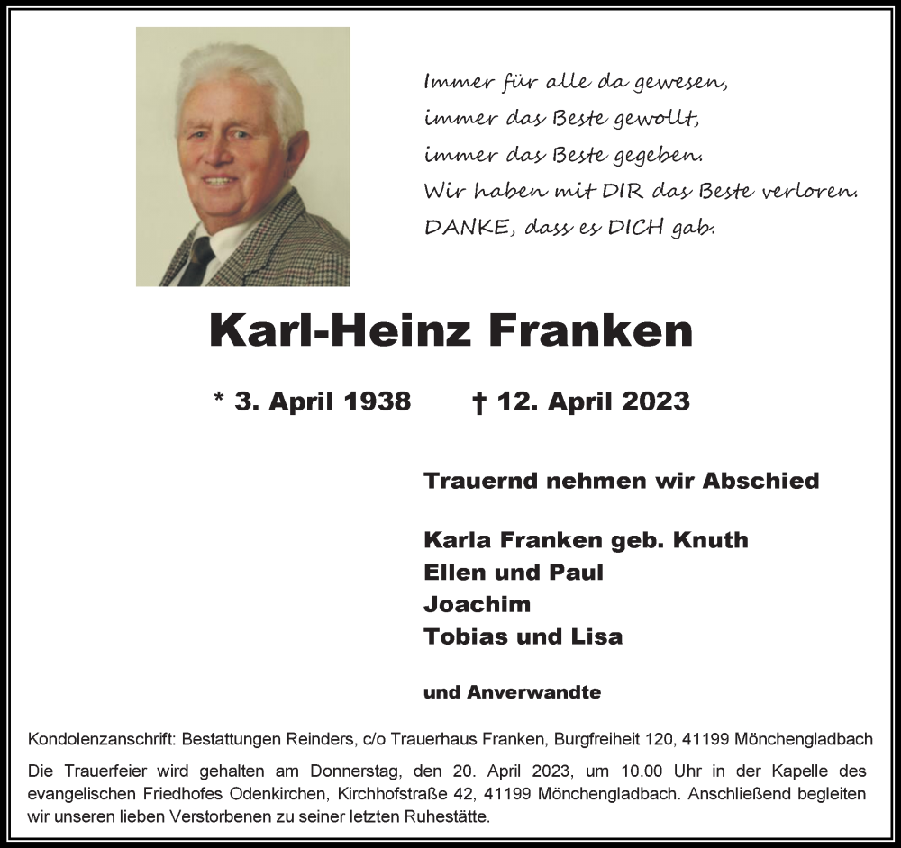  Traueranzeige für Karl-Heinz Franken vom 16.04.2023 aus trauer.extra-tipp-moenchengladbach.de