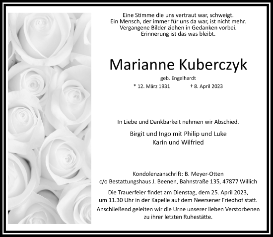 Traueranzeige von Marianne Kuberczyk von trauer.extra-tipp-moenchengladbach.de