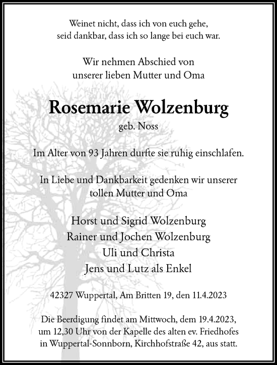 Traueranzeige von Rosemarie Wolzenburg von trauer.wuppertaler-rundschau.de