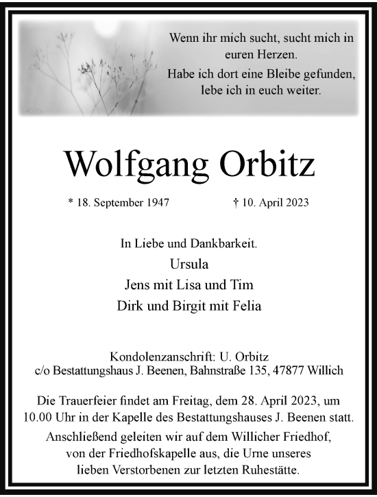 Traueranzeige von Wolfgang Orbitz von trauer.extra-tipp-moenchengladbach.de