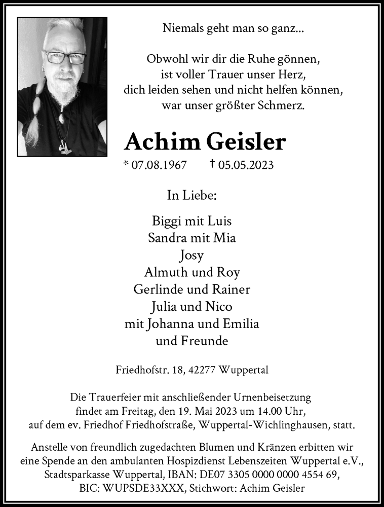  Traueranzeige für Achim Geisler vom 13.05.2023 aus trauer.wuppertaler-rundschau.de