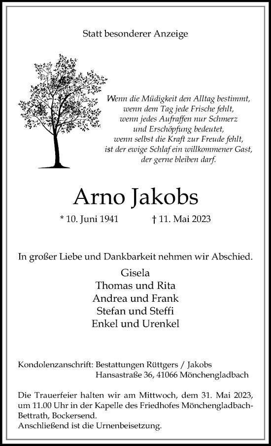 Traueranzeige von Arno Jakobs von trauer.extra-tipp-moenchengladbach.de