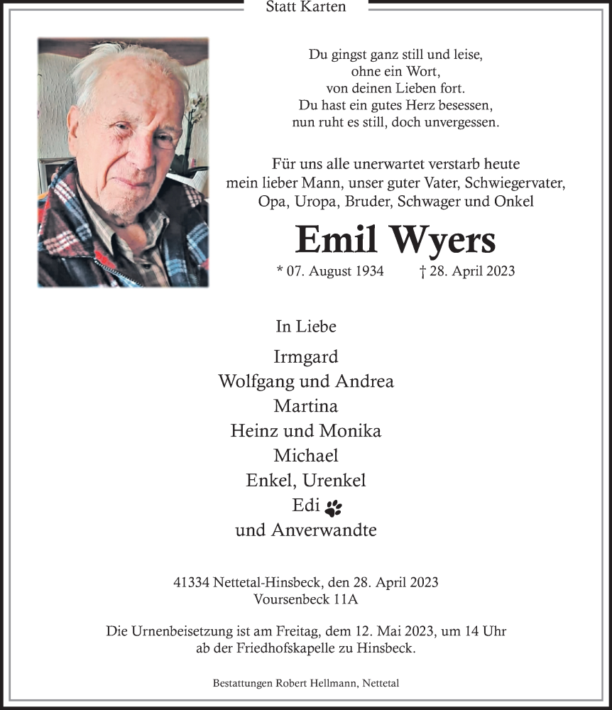  Traueranzeige für Emil Wyers vom 07.05.2023 aus trauer.extra-tipp-moenchengladbach.de