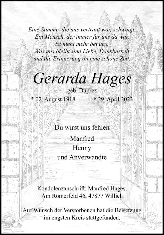 Traueranzeige von Gerarda Hages von trauer.extra-tipp-moenchengladbach.de