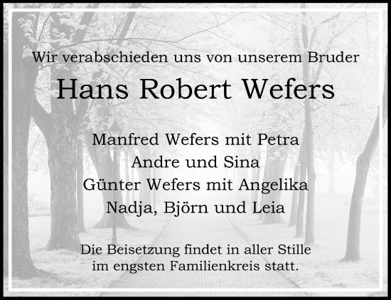 Traueranzeige von Hans Robert Wefers von trauer.extra-tipp-moenchengladbach.de